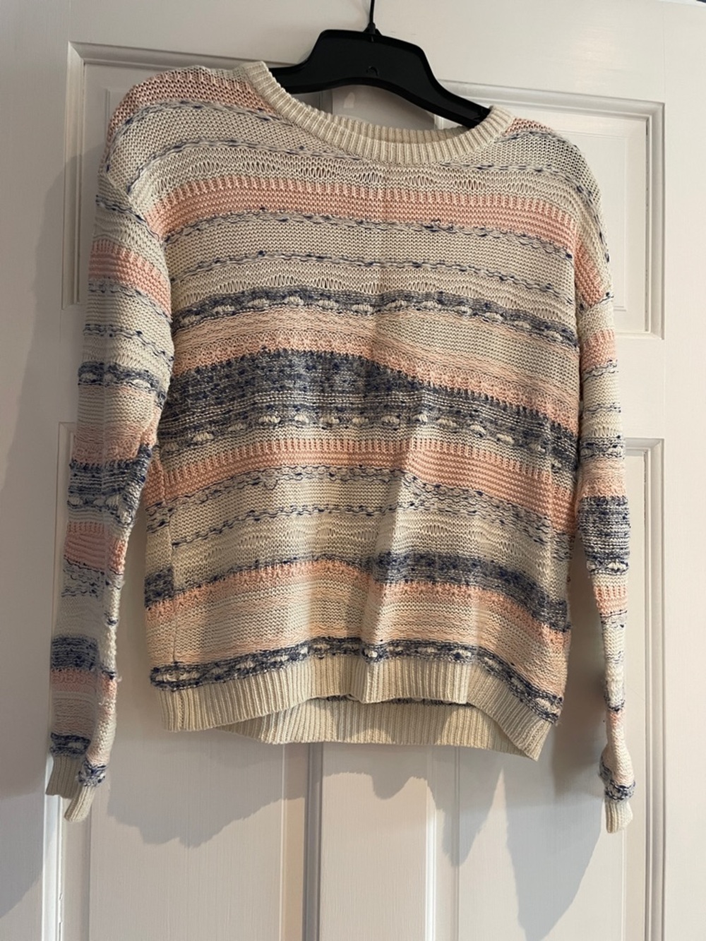 Women’s Cream Striped Crewneck Sweater with Pink & Blue Accents